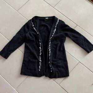 BCBG grey Cardigan with Sequin rhinestone 3/4 sleeve wool blend Size M holiday